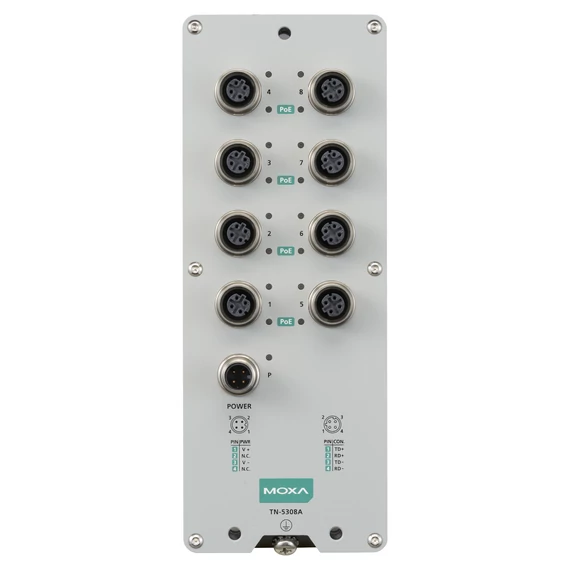 MOXA TN-5308A-8PoE-WV-T Nem menedzselt vasúti Ethernet switch.
