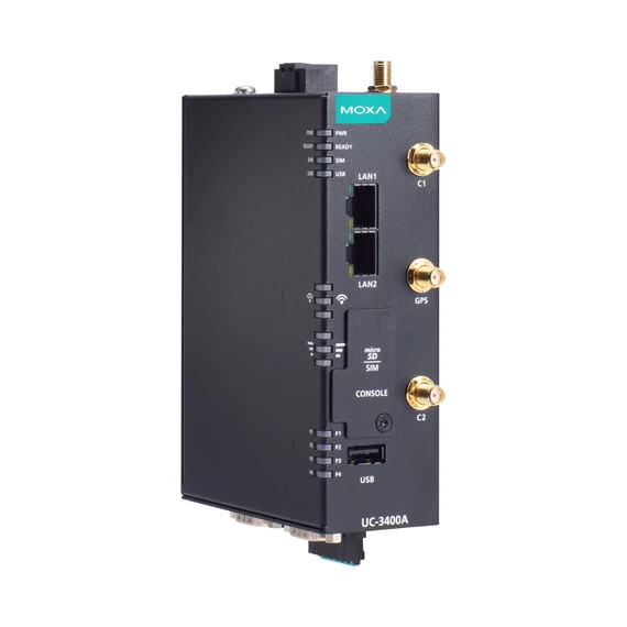 Moxa UC-3424A-T-LTE négymagos, 64 bites Arm Cortex-A53 ipari számítógép.